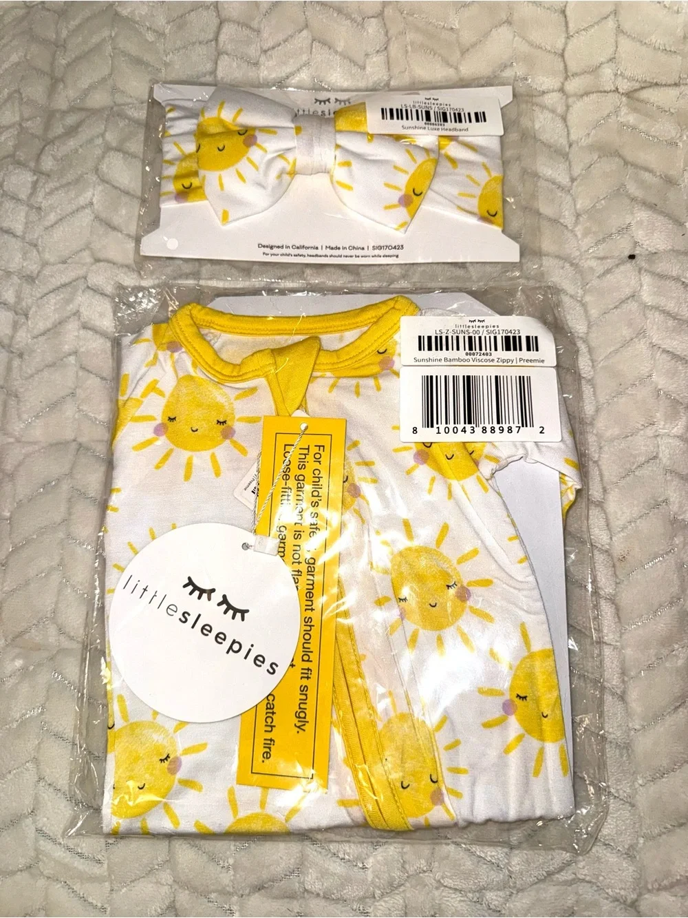 Little Sleepies Sunshine Zippy and matching bow, size Preemie, NWT